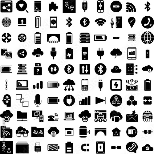 Collection Of 100 Connect Icons Set Isolated Solid Silhouette Icons Including Abstract, Internet, Connect, Network, Technology, Communication, Connection Infographic Elements Vector Illustration Logo