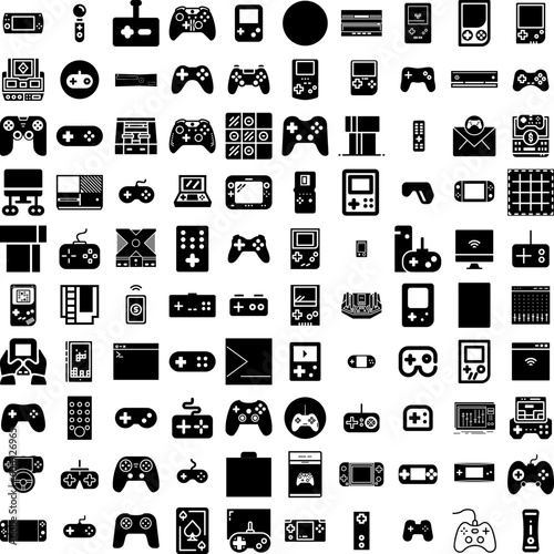 Collection Of 100 Console Icons Set Isolated Solid Silhouette Icons Including Console, Joystick, Entertainment, Video, Play, Gamepad, Gaming Infographic Elements Vector Illustration Logo