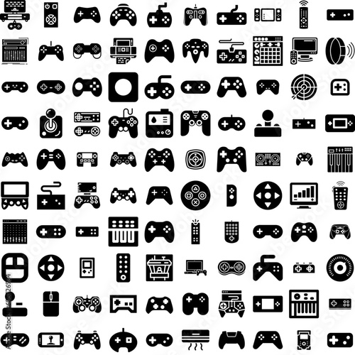 Collection Of 100 Controller Icons Set Isolated Solid Silhouette Icons Including Game, Gamepad, Play, Joystick, Console, Gaming, Controller Infographic Elements Vector Illustration Logo