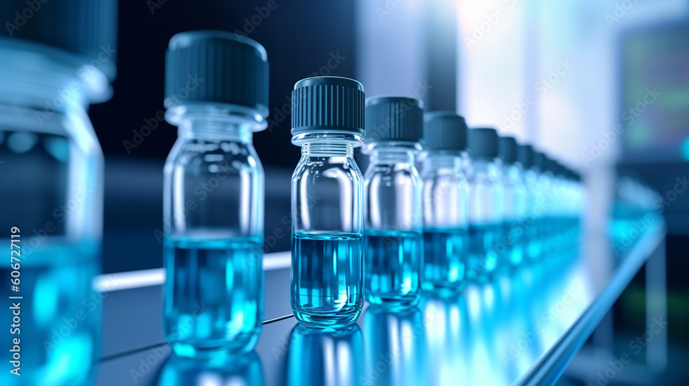 Bottles of liquid are lined up on a conveyor belt. Bottles of liquid are lined up on a conveyor belt.