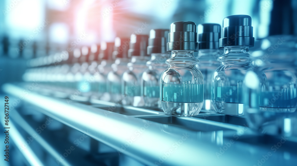 A line of vaccine bottles on a conveyor belt