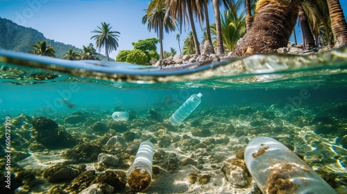 Underwater view of plastic bottles floating in the sea. The concept of environmental pollution. Generative AI.