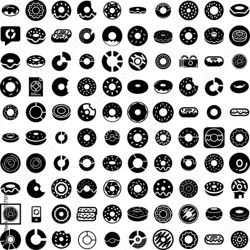 Collection Of 100 Donut Icons Set Isolated Solid Silhouette Icons Including Sweet, Dessert, Bakery, Donut, Food, Cake, Glazed Infographic Elements Vector Illustration Logo