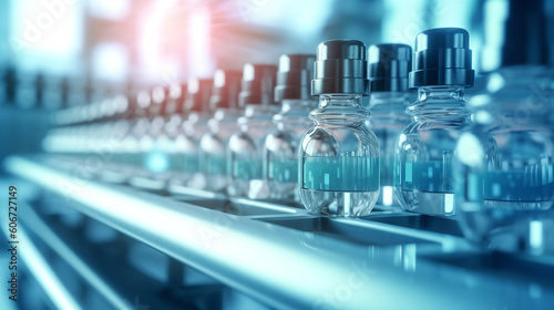 A line of vaccine bottles on a conveyor belt