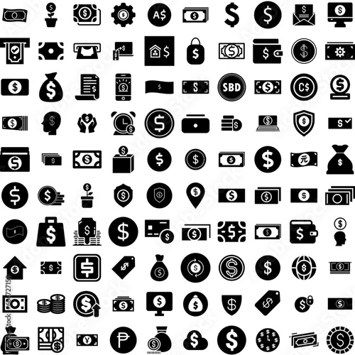 Collection Of 100 Dollar Icons Set Isolated Solid Silhouette Icons Including Money, Currency, Business, Banking, Finance, Bank, Dollar Infographic Elements Vector Illustration Logo