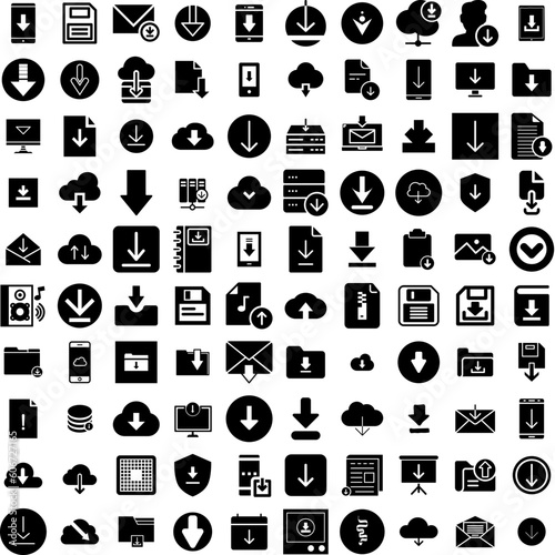 Collection Of 100 Download Icons Set Isolated Solid Silhouette Icons Including Icon, Web, Button, Internet, Download, Vector, File Infographic Elements Vector Illustration Logo
