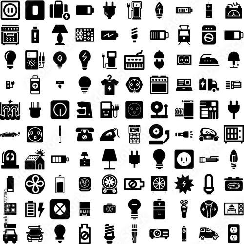 Collection Of 100 Electric Icons Set Isolated Solid Silhouette Icons Including Vehicle, Technology, Electricity, Power, Energy, Station, Car Infographic Elements Vector Illustration Logo