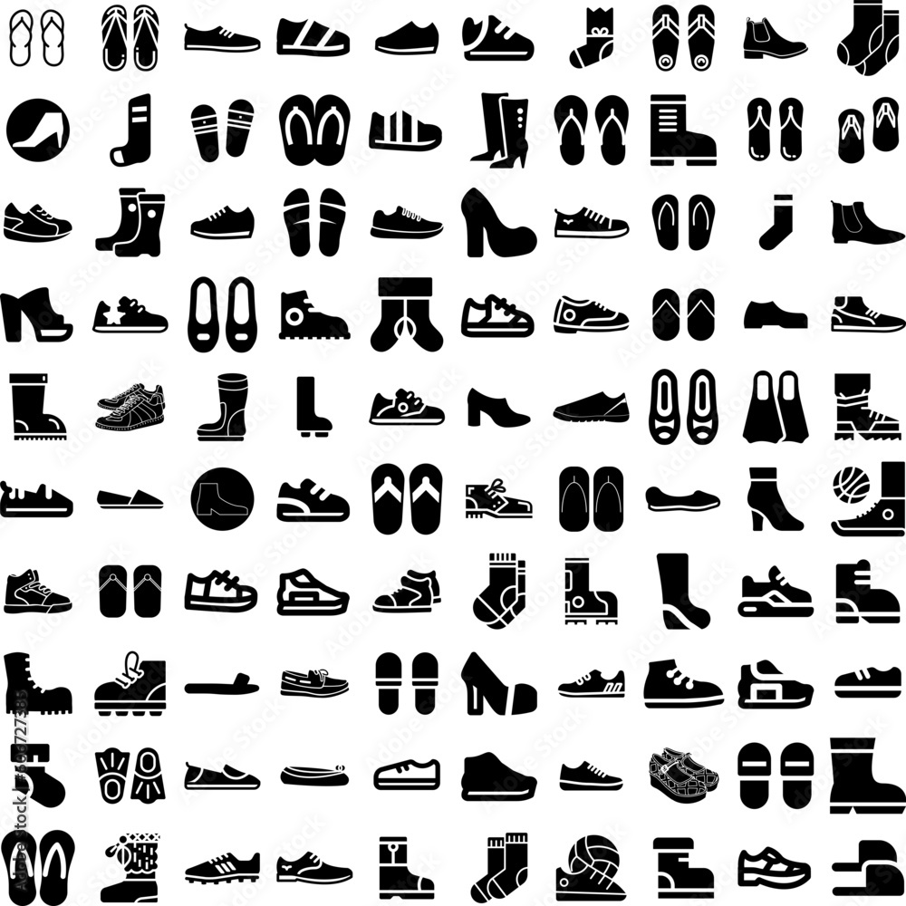 Collection Of 100 Footwear Icons Set Isolated Solid Silhouette Icons Including Footwear, Casual, Shoe, Shoes, Foot, Female, Fashion Infographic Elements Vector Illustration Logo