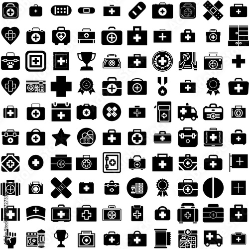 Collection Of 100 First Icons Set Isolated Solid Silhouette Icons Including Aid, Medical, Health, First, Medicine, Safety, Emergency Infographic Elements Vector Illustration Logo