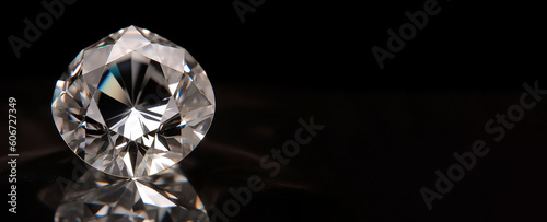 Luxurious polished diamond on strict black background, banner. Generative AI