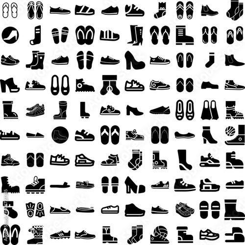 Collection Of 100 Footwear Icons Set Isolated Solid Silhouette Icons Including Footwear, Casual, Shoe, Shoes, Foot, Female, Fashion Infographic Elements Vector Illustration Logo