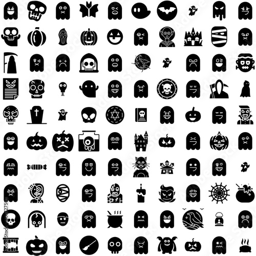 Collection Of 100 Halloween Icons Set Isolated Solid Silhouette Icons Including Pumpkin, Vector, Horror, Holiday, Halloween, Spooky, Background Infographic Elements Vector Illustration Logo