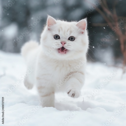 cute and adorable chubby white kitten with smiling face created with Generative AI © Ihlasul