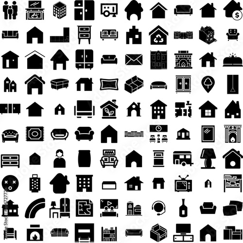 Collection Of 100 Living Icons Set Isolated Solid Silhouette Icons Including Furniture, House, Design, Apartment, Room, Template, Modern Infographic Elements Vector Illustration Logo