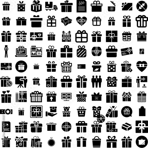 Collection Of 100 Present Icons Set Isolated Solid Silhouette Icons Including Present, Gift, Holiday, Package, Box, Ribbon, Surprise Infographic Elements Vector Illustration Logo