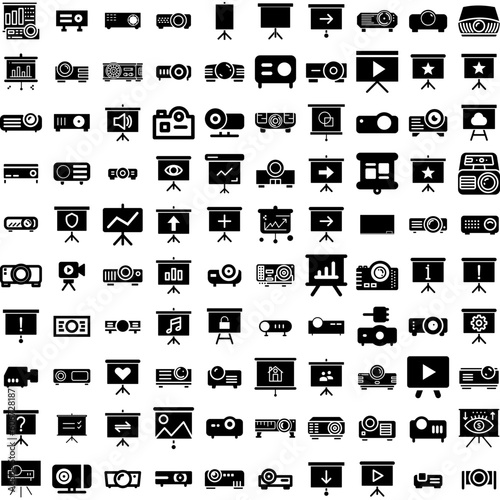 Collection Of 100 Projector Icons Set Isolated Solid Silhouette Icons Including Movie, Presentation, Screen, Film, Cinema, Video, Projector Infographic Elements Vector Illustration Logo