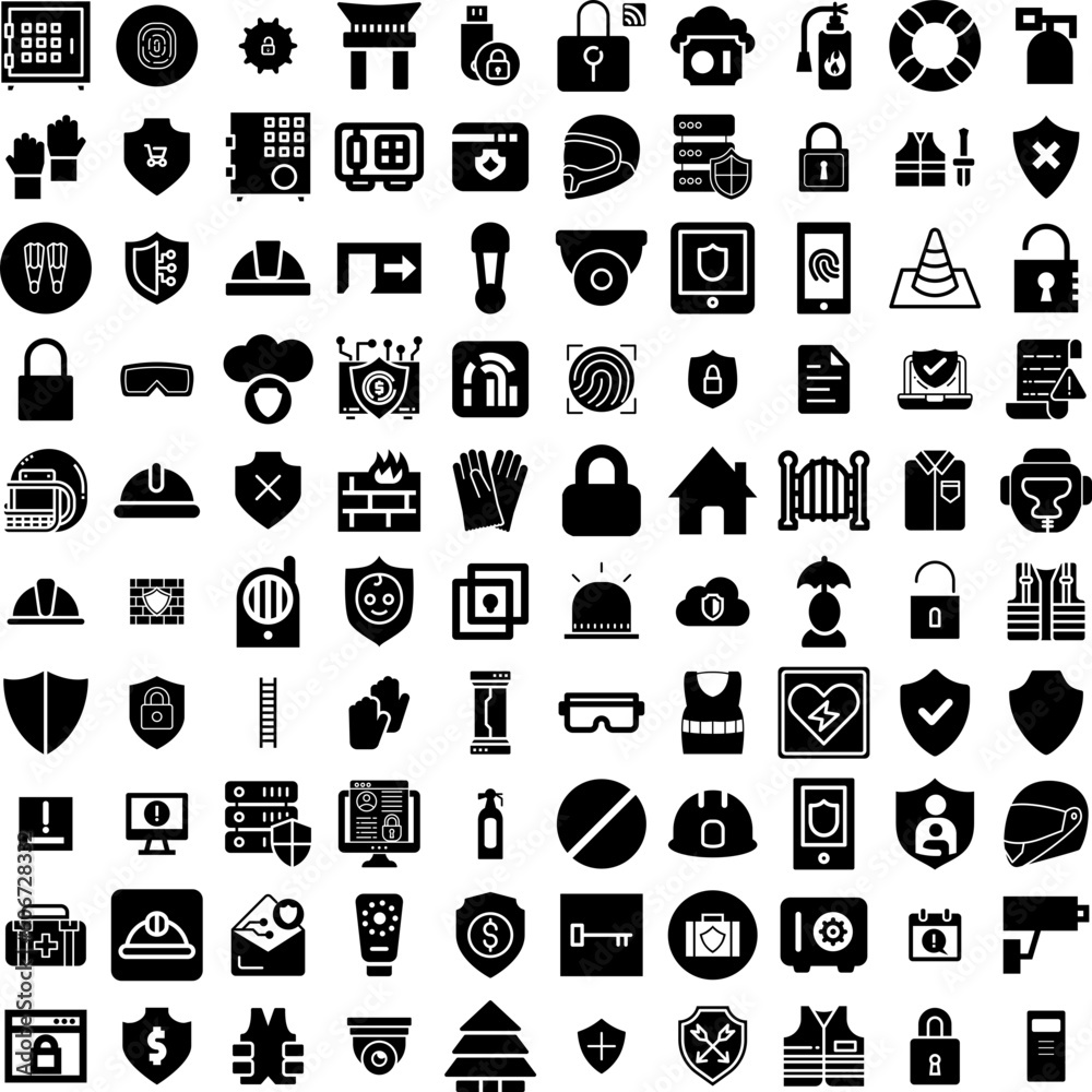 Collection Of 100 Safety Icons Set Isolated Solid Silhouette Icons Including Worker, Industry, Protection, Safety, Work, Health, Concept Infographic Elements Vector Illustration Logo