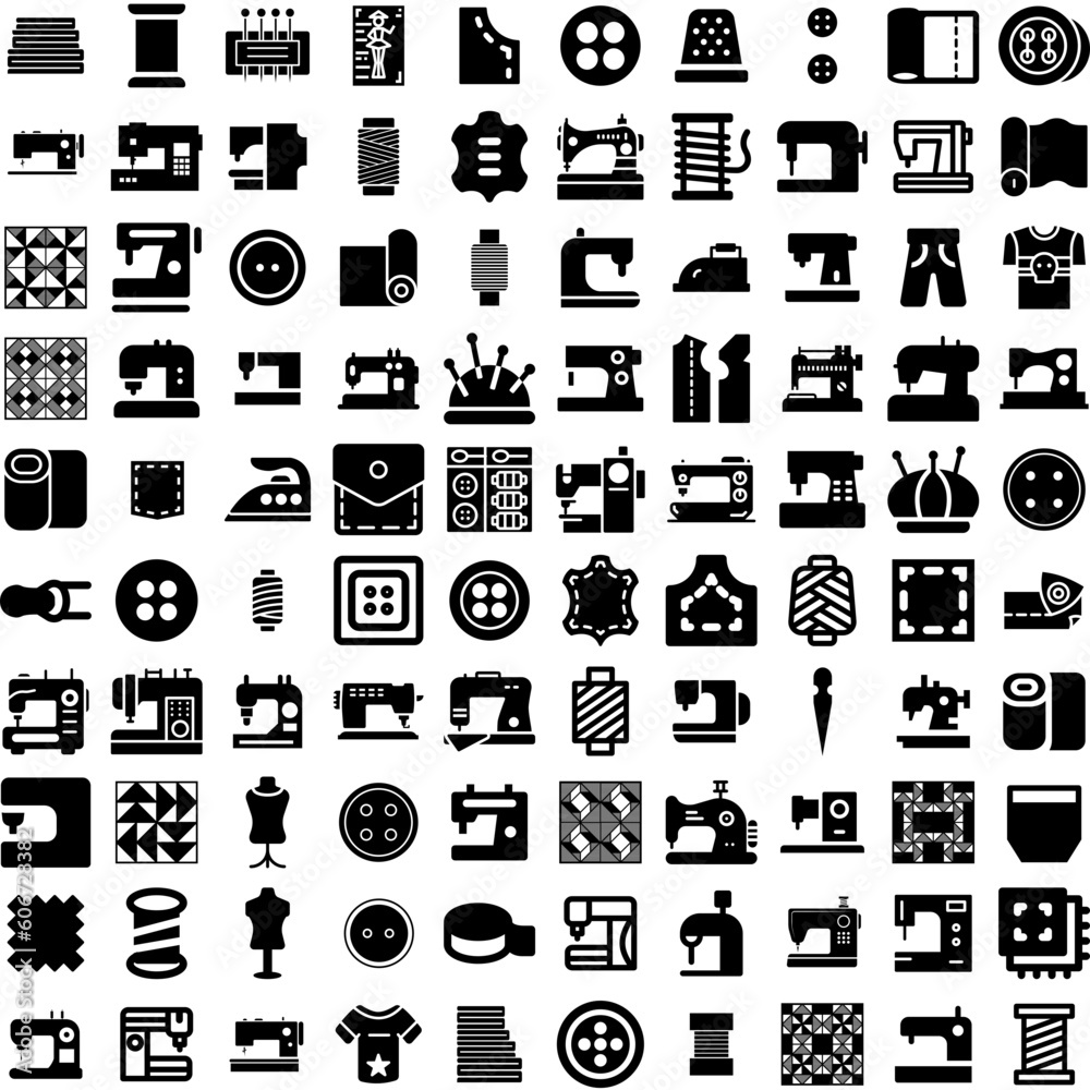 Collection Of 100 Sewing Icons Set Isolated Solid Silhouette Icons Including Needle, Fashion, Craft, Tailor, Design, Sewing, Sew Infographic Elements Vector Illustration Logo