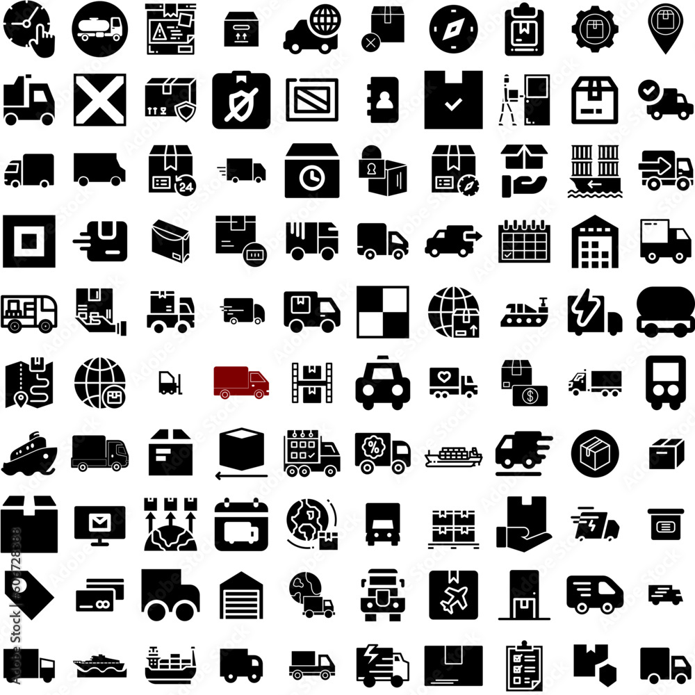 Collection Of 100 Shipping Icons Set Isolated Solid Silhouette Icons Including Cargo, Transportation, Shipping, Container, Transport, Export, Ship Infographic Elements Vector Illustration Logo