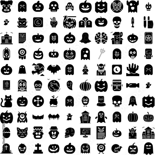 Collection Of 100 Scary Icons Set Isolated Solid Silhouette Icons Including Background  Scary  Night  Halloween  Spooky  Dark  Horror Infographic Elements Vector Illustration Logo