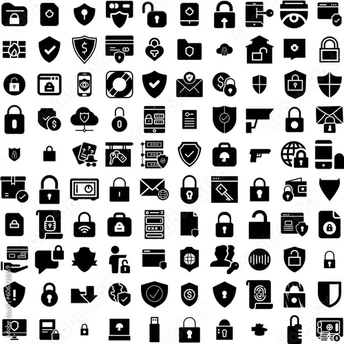 Collection Of 100 Secure Icons Set Isolated Solid Silhouette Icons Including Computer, Secure, Internet, Technology, Privacy, Security, Protection Infographic Elements Vector Illustration Logo