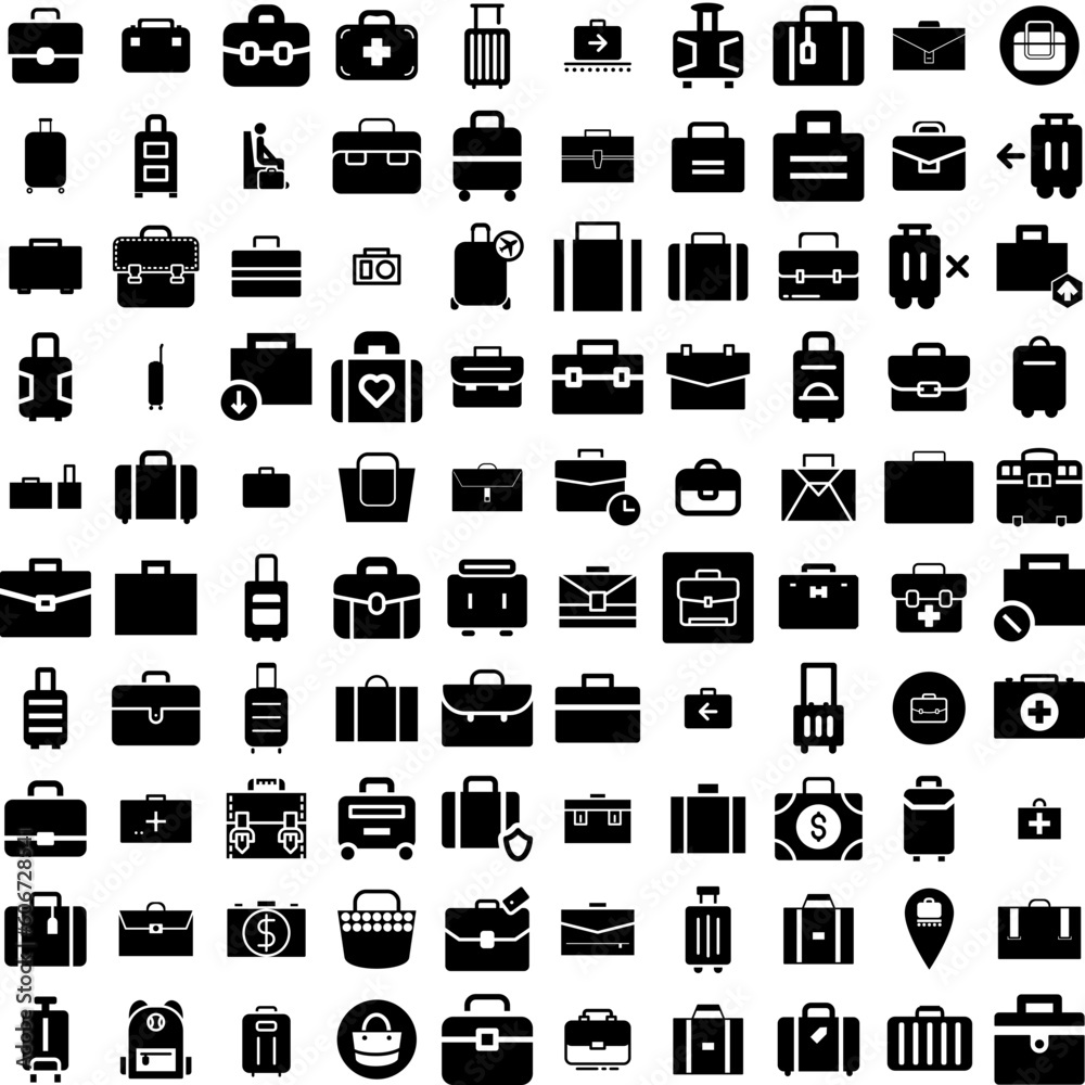 Collection Of 100 Suitcase Icons Set Isolated Solid Silhouette Icons Including Suitcase, Journey, Luggage, Baggage, Vacation, Tourism, Travel Infographic Elements Vector Illustration Logo