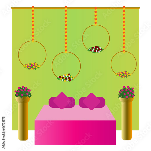 wedding mehndi decorations ,illustrations set traditional wedding ,colorful decorations for mehndi haldi sangeet functions,flower decoration