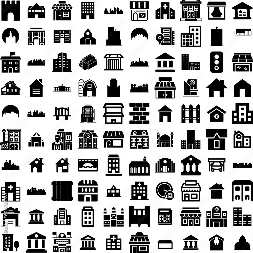 Collection Of 100 Building Icons Set Isolated Solid Silhouette Icons Including Architecture, Business, Office, Urban, Building, City, Construction Infographic Elements Vector Illustration Logo
