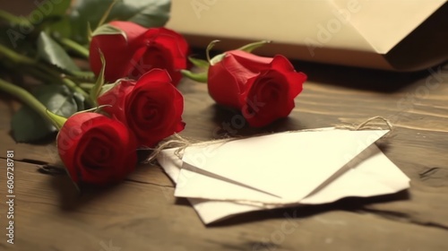 Love letter notebook and red roses on a wooden table. concept of valentine's day or holiday greetings.Generative AI