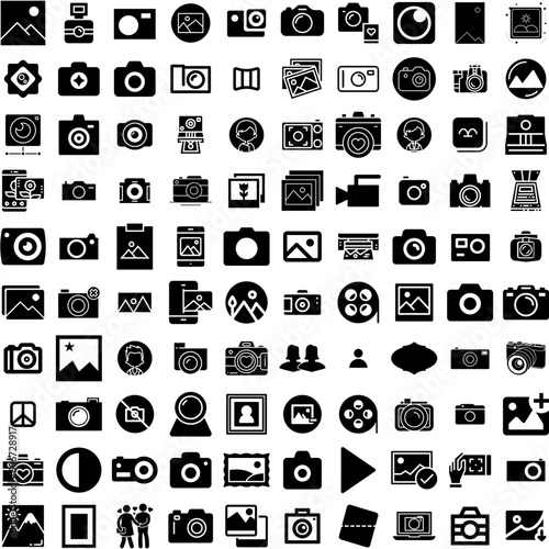 Collection Of 100 Photo Icons Set Isolated Solid Silhouette Icons Including Design, Frame, Retro, Picture, Paper, Blank, Photo Infographic Elements Vector Illustration Logo