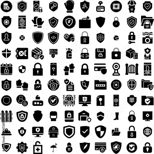 Collection Of 100 Protection Icons Set Isolated Solid Silhouette Icons Including Concept, Technology, Protect, Safety, Protection, Shield, Secure Infographic Elements Vector Illustration Logo