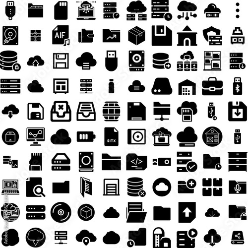 Collection Of 100 Storage Icons Set Isolated Solid Silhouette Icons Including Technology, Unit, System, Container, Storage, Energy, Business Infographic Elements Vector Illustration Logo