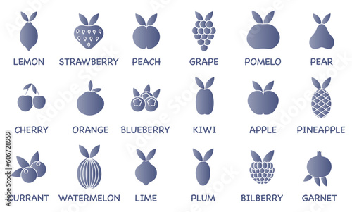 Vector set of fruit line icons. Icons with a blue gradient. Contains commonly used fruits.