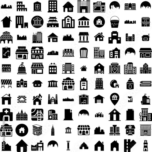 Collection Of 100 Building Icons Set Isolated Solid Silhouette Icons Including Architecture, Business, City, Office, Building, Construction, Urban Infographic Elements Vector Illustration Logo
