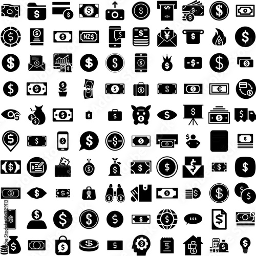 Collection Of 100 Dollar Icons Set Isolated Solid Silhouette Icons Including Banking, Currency, Business, Dollar, Money, Bank, Finance Infographic Elements Vector Illustration Logo