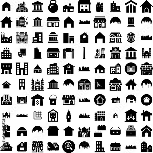Collection Of 100 Building Icons Set Isolated Solid Silhouette Icons Including Architecture, Construction, Office, Building, City, Urban, Business Infographic Elements Vector Illustration Logo