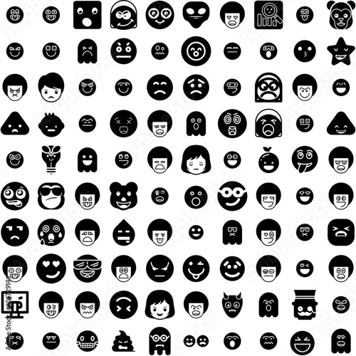 Collection Of 100 Emoticon Icons Set Isolated Solid Silhouette Icons Including Emoji, Face, Emoticon, Vector, Symbol, Icon, Sign Infographic Elements Vector Illustration Logo