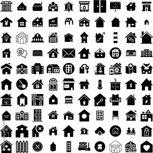 Collection Of 100 House Icons Set Isolated Solid Silhouette Icons Including House, Architecture, Home, Residential, Property, Building, Estate Infographic Elements Vector Illustration Logo