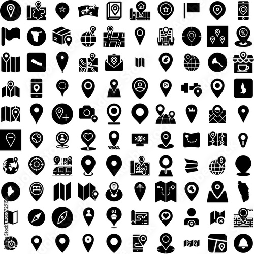 Collection Of 100 Location Icons Set Isolated Solid Silhouette Icons Including Location, Pin, Sign, Vector, Icon, Symbol, Place Infographic Elements Vector Illustration Logo