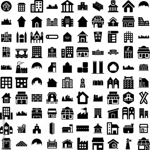 Collection Of 100 Building Icons Set Isolated Solid Silhouette Icons Including Architecture, Building, Urban, City, Office, Construction, Business Infographic Elements Vector Illustration Logo