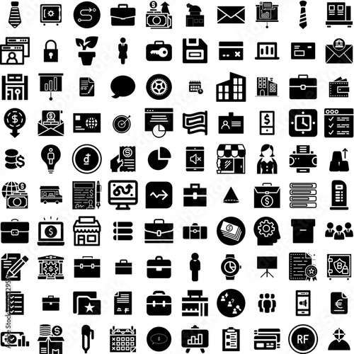 Collection Of 100 Business Icons Set Isolated Solid Silhouette Icons Including Success, Business, Corporate, Office, Technology, Teamwork, Communication Infographic Elements Vector Illustration Logo