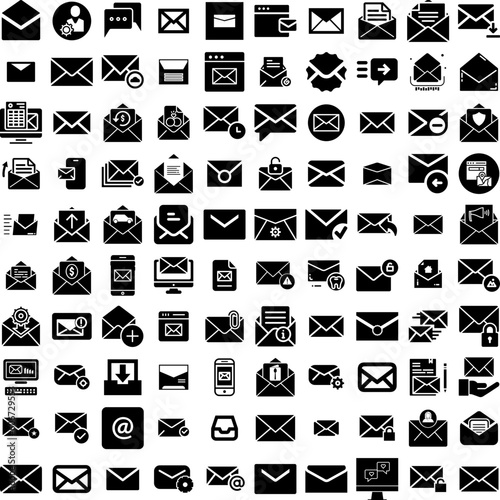 Collection Of 100 Email Icons Set Isolated Solid Silhouette Icons Including Web, Vector, Mail, Internet, Communication, Email, Message Infographic Elements Vector Illustration Logo