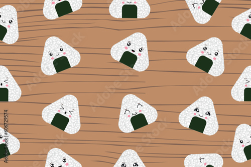 Seamless pattern with onigiri in kawaii style. Sushi in kawaii style. Cute cartoon onigiri with a face. Vector illustration.