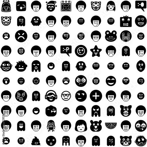 Collection Of 100 Emoticon Icons Set Isolated Solid Silhouette Icons Including Sign, Emoticon, Vector, Symbol, Emoji, Face, Icon Infographic Elements Vector Illustration Logo
