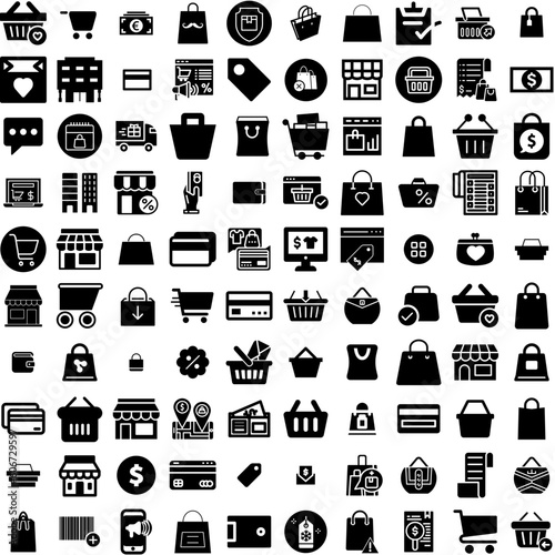 Collection Of 100 Shopping Icons Set Isolated Solid Silhouette Icons Including Buy  Store  Promotion  Shop  Business  Discount  Sale Infographic Elements Vector Illustration Logo