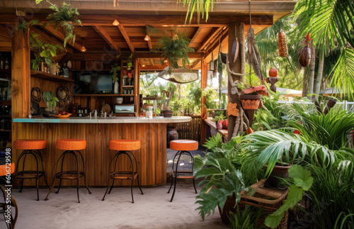 outdoor entertainment area with lush, tropical plants, colorful accents, and a tiki bar - Generative AI