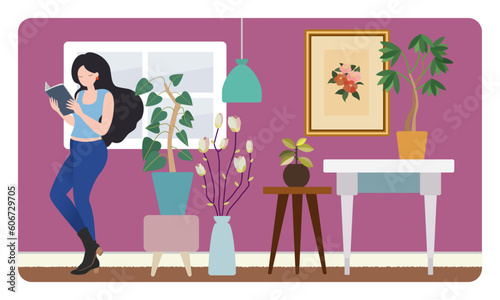 観葉植物がたくさんのお洒落な部屋で読書をしている女性のベクター素材
