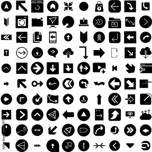 Collection Of 100 Arrow Icons Set Isolated Solid Silhouette Icons Including Sign, Set, Vector, Symbol, Collection, Design, Arrow Infographic Elements Vector Illustration Logo