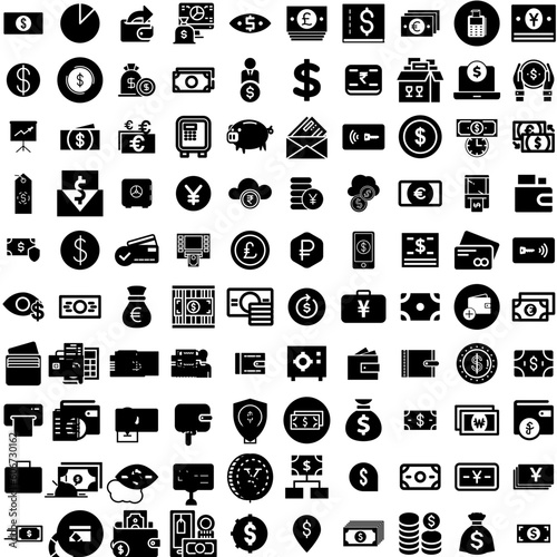 Collection Of 100 Money Icons Set Isolated Solid Silhouette Icons Including Business, Cash, Money, Finance, Payment, Currency, Dollar Infographic Elements Vector Illustration Logo