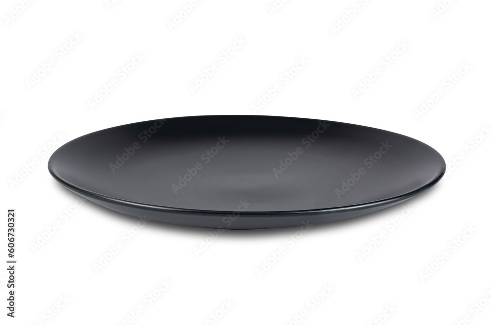 High angle view of single new black empty ceramic plate isolated on white background with clipping path. High angle view of single new black empty ceramic plate isolated on white background with clipping path.